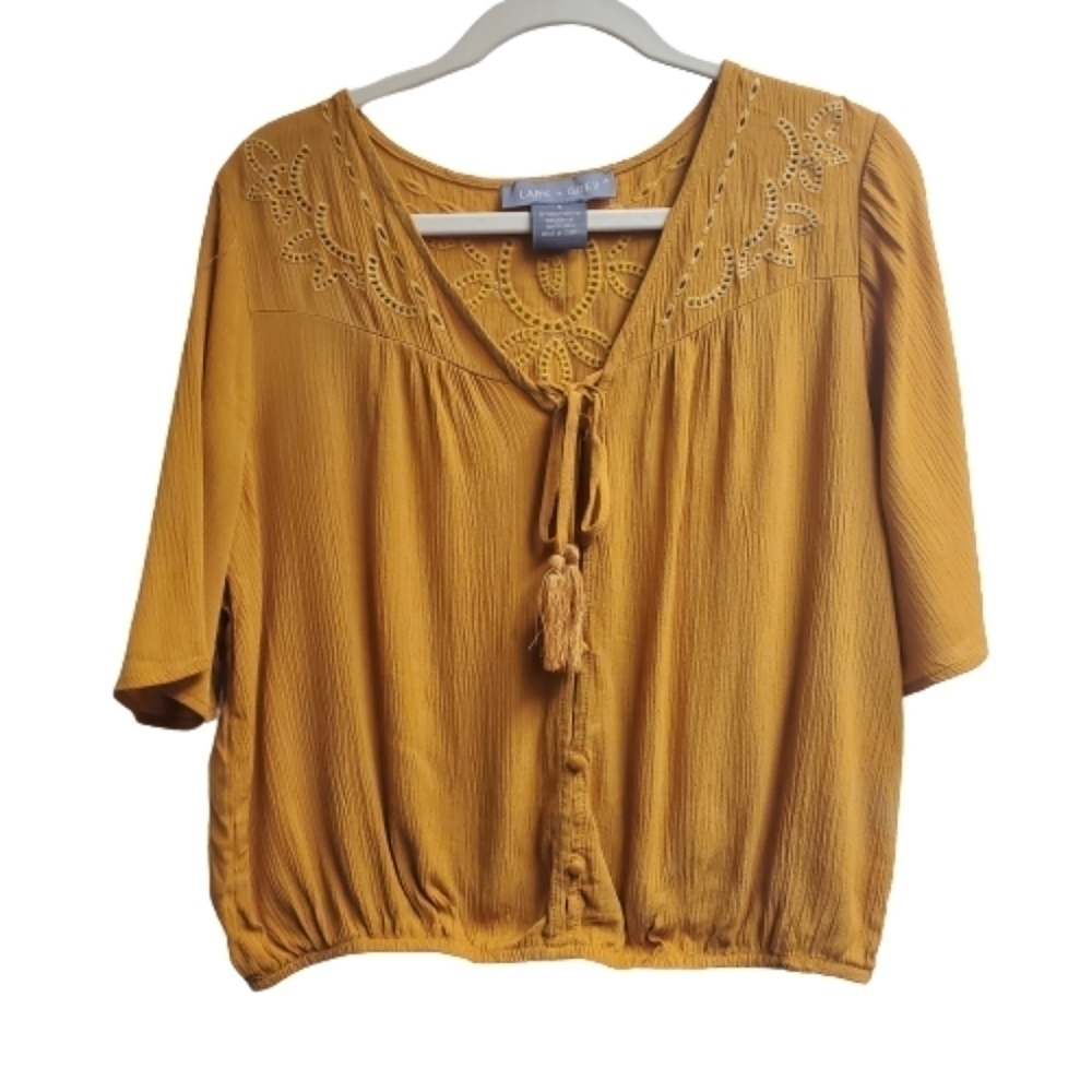 Lark + Grey Mustard Yellow Eyelet Embroidered Boho Peasant Blouse JT4005-M Small